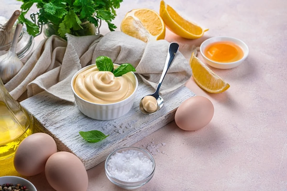 Naturalny majonez i składniki na jasnym tle