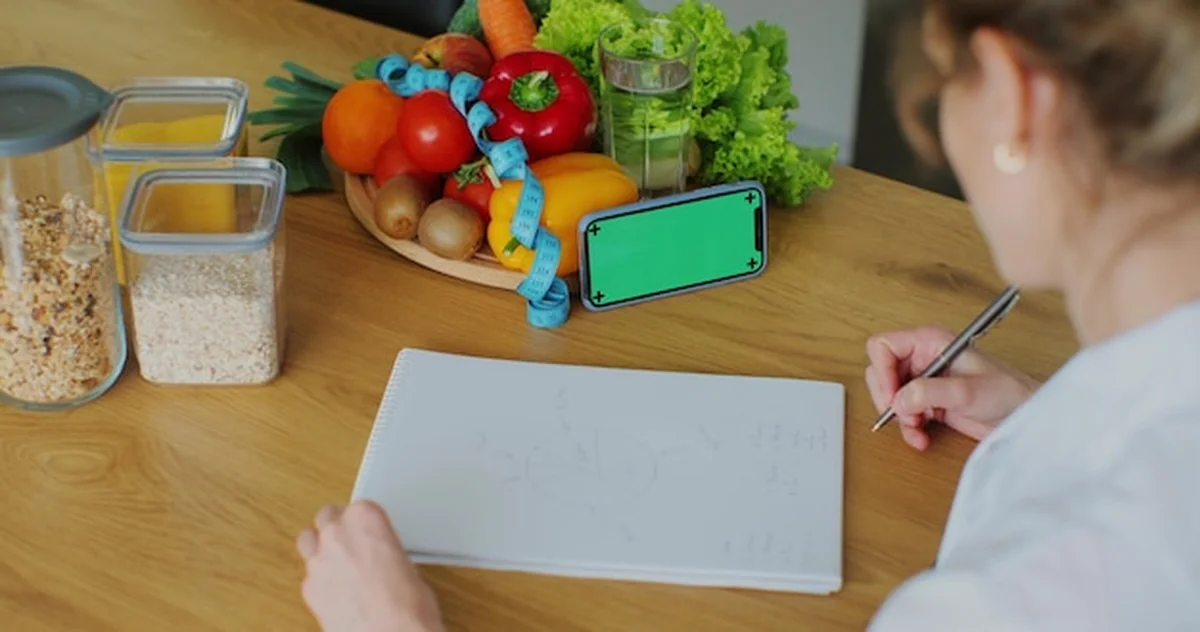 Kobieta-dietetyk nagrywa film o zdrowym odżywianiu przy zielonym ekranie, z talerzem warzyw i owoców