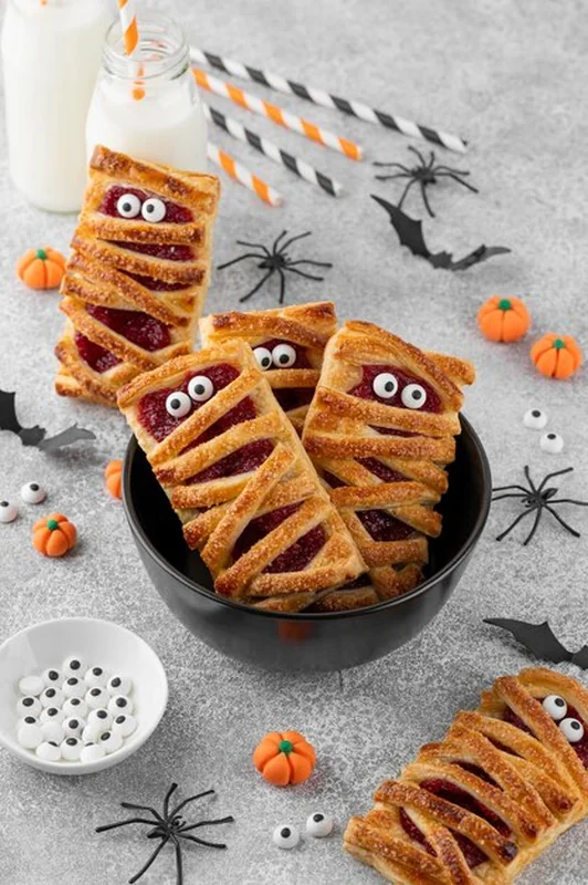 Halloween mumie ciasta z wiśniami i oczami cukierkowymi